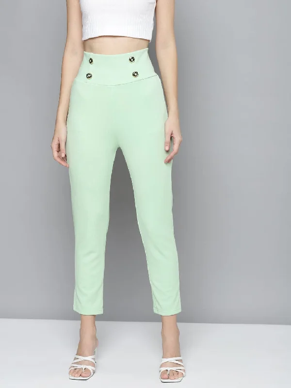 Mint Green Scuba Front Button High Waist Pants