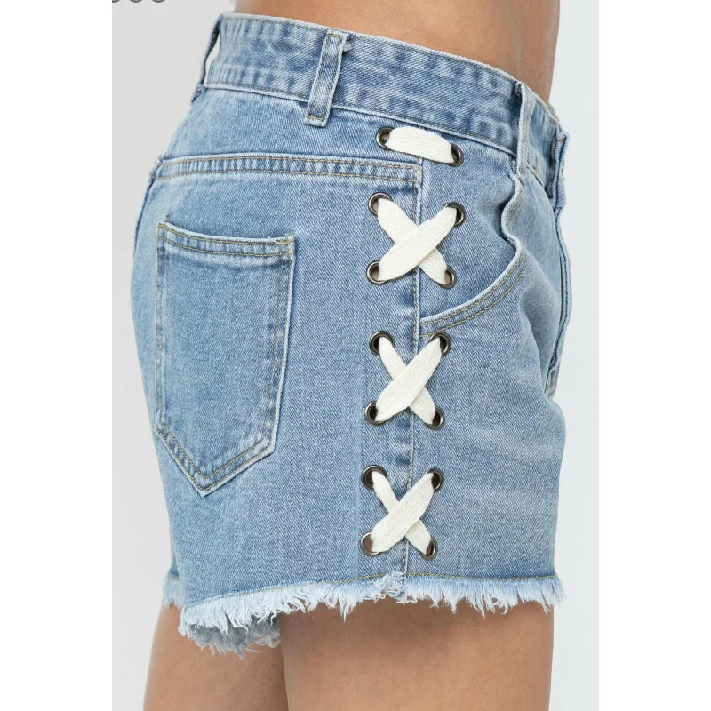 Vocal Side Tie Denim Frayed Shorts