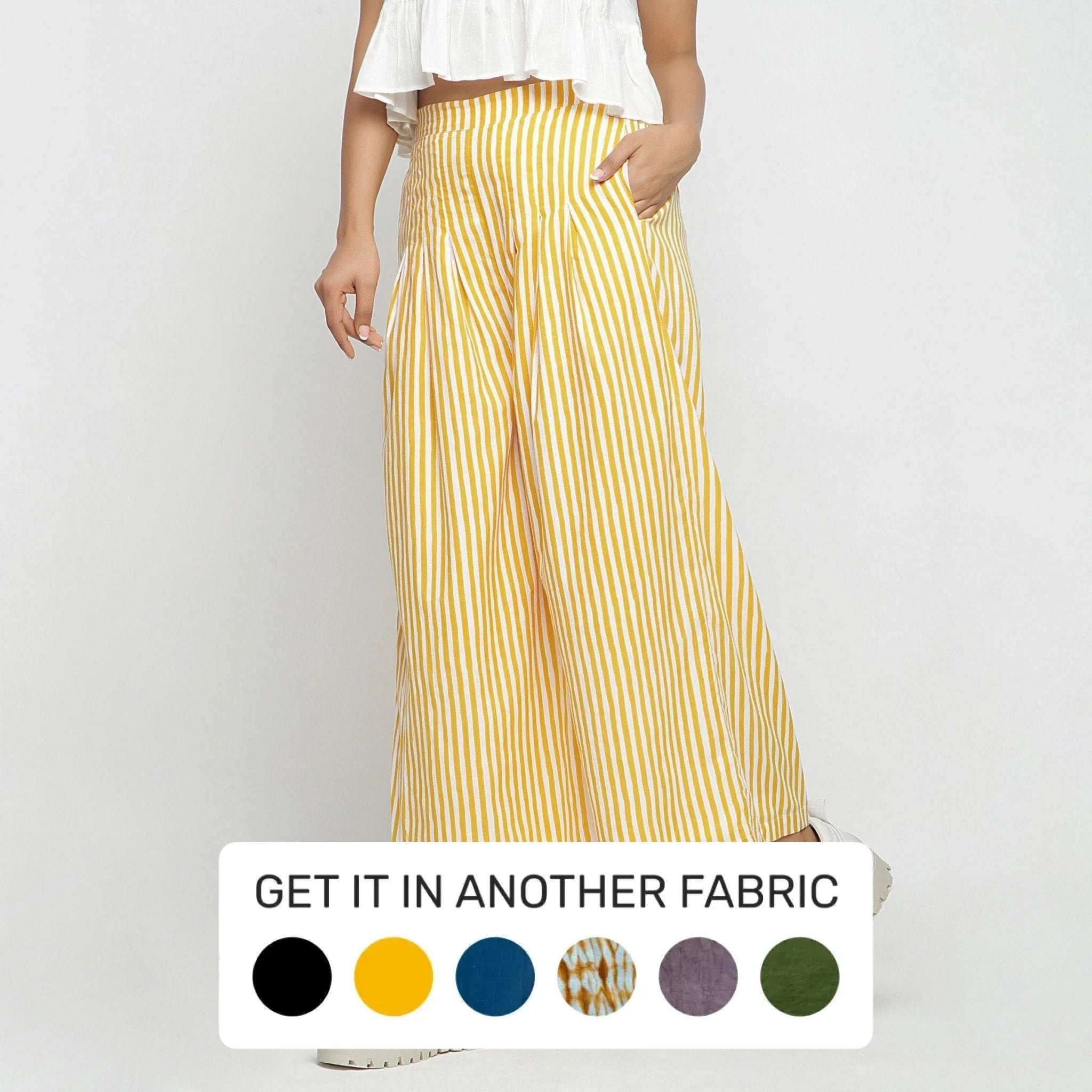 Yellow Striped Hand Screen Print Elasticated Wide Legged Cotton Pant