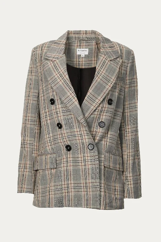 Checked Double-Breasted Blazer In Brown Plaid