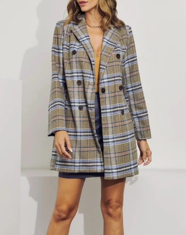 Double-Breasted Checked Coat In Taupe