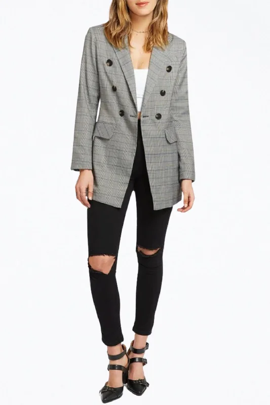 Double-Breasted Prince Of Wales Checked Woven Blazer In Charcoal/blue