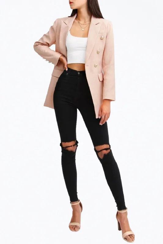 Double-Breasted Textured Woven Blazer In Blush