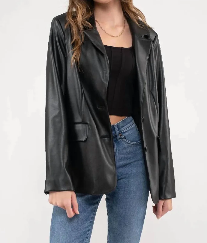 Notch Collar Faux Leather Blazer In Black