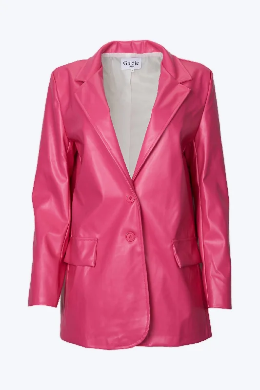 Oversized Single-Breasted Vegan Leather Blazer In Hot Pink