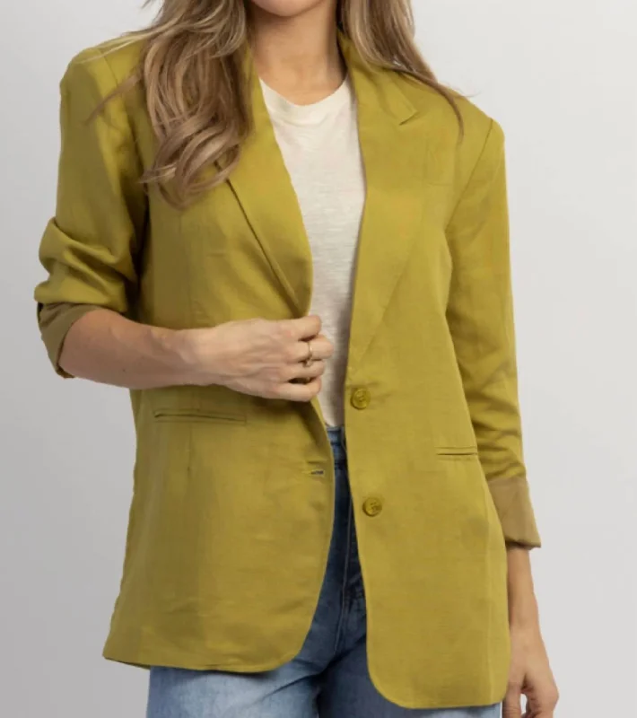 Strictly Biz Button Blazer In Chartreuse