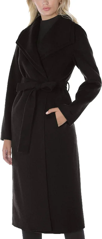 Women's Double Layered Collar Belted Wool Long Coat In Black