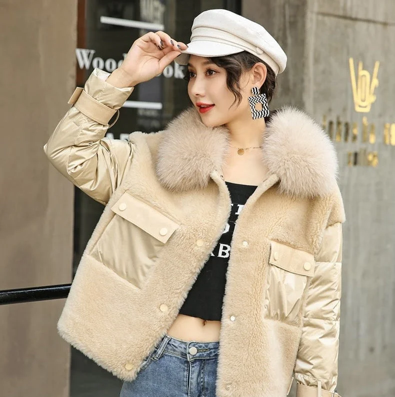 100% Wool Women's Hooded Covered Button Jacket with Fox Fur Collar