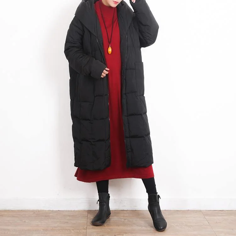 2018 black down overcoat oversized hooded zippered down overcoat Warm pockets baggy coats