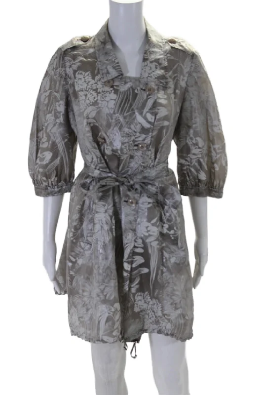 Armani Collezioni Womens Silk Blend Floral Print Belted Coat Gray White