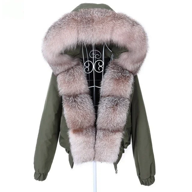 Army Green Women's Thick Warm Fur Winter Jacket with Raccoon Fur Collar