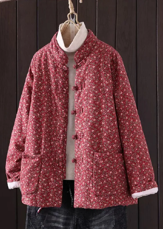 Art Red Print Button Pockets Thick Coat Winter