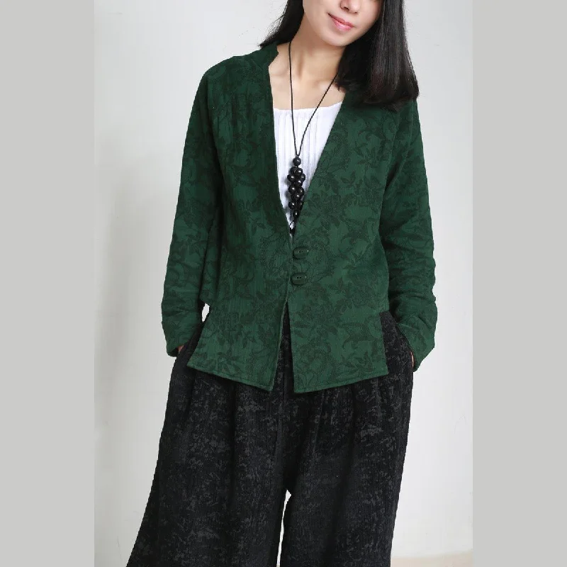 autumn green jacquard linen tops aymmetric hem short coats