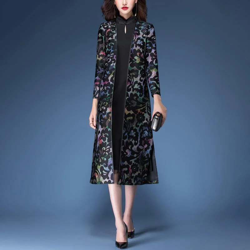 autumn new black prints cotton blended trench coats with sleeveless dress two ieces