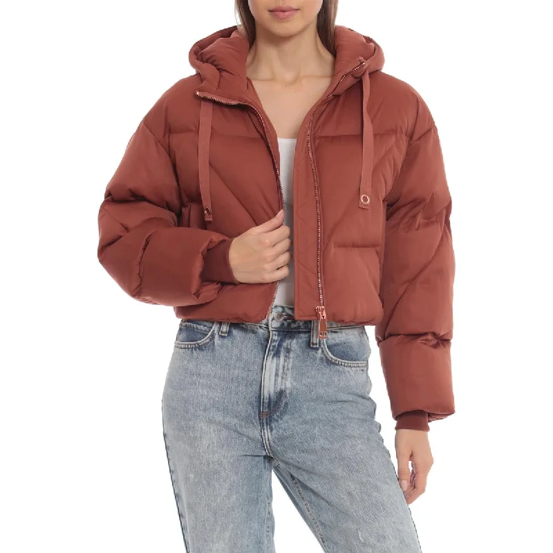 Avec Les Filles Women's Water Resistant Cropped Puffer Bomber Coat with Hood