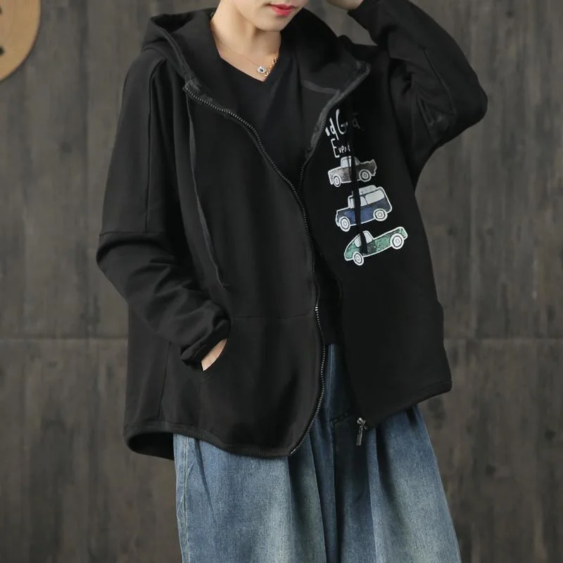 Beautiful hooded cotton Long Shirts Work Outfits black alphabet top coats fall