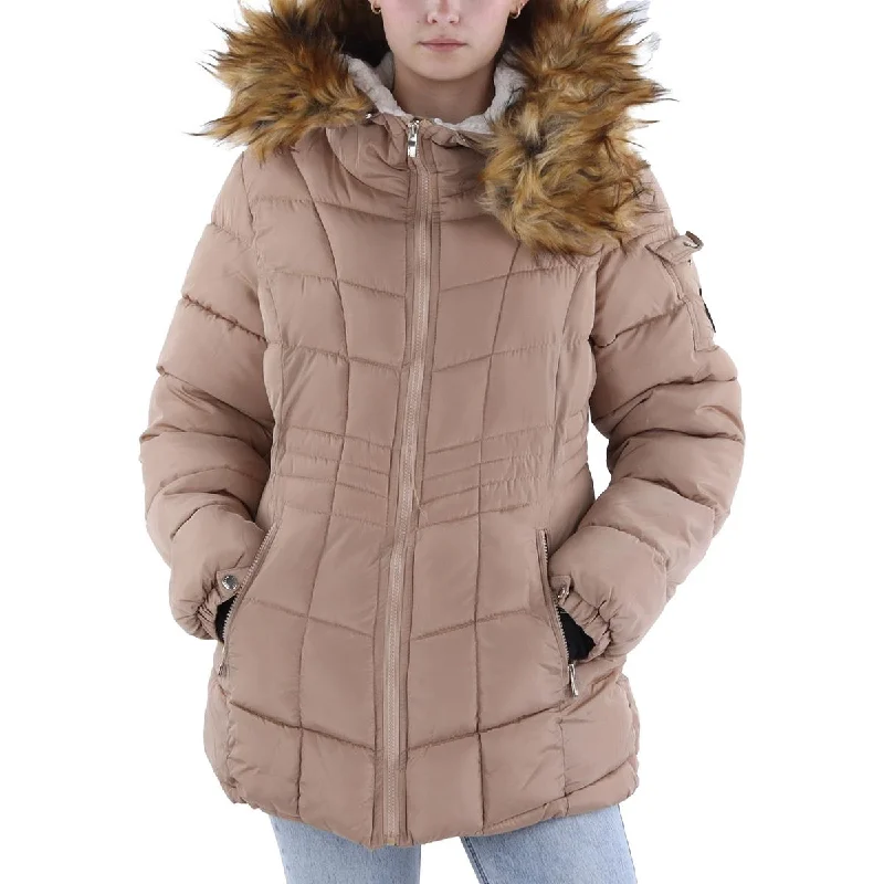 Womens Faux Fur Trim Quilted Puffer Jacket