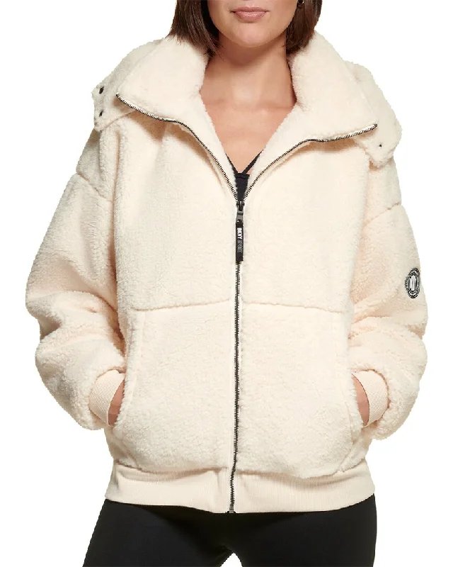 Dkny Roebling Fleece Hooded Leather Bomber Jacket