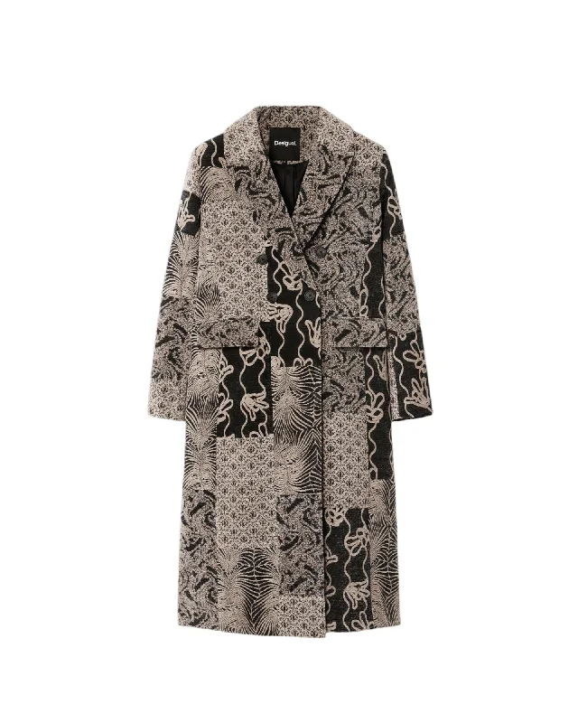 Desigual Printed Button-Fastening Coat with Lapel Collar in Beige