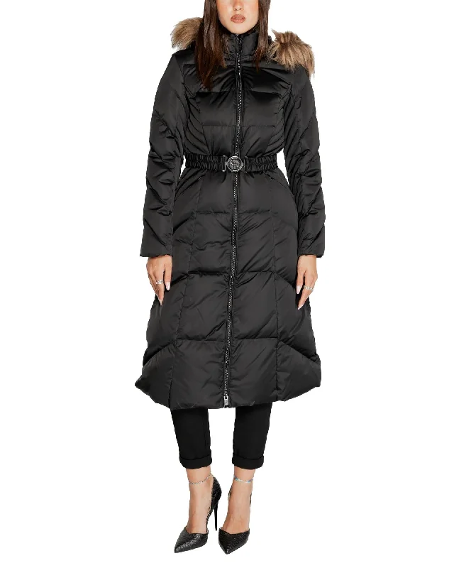 Guess  Women's Long Puffer Coat with Faux Fur Hood Black