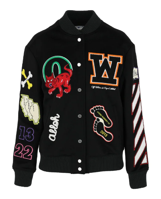 Off-White Womens Embroidered Patches Varsity Bomber Jacket