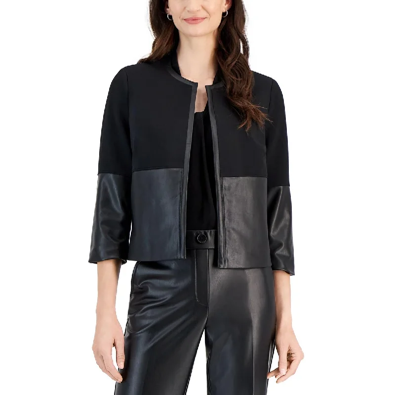 Petites Womens Faux Leather Embossed Open-Front Blazer