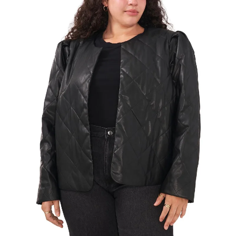 Plus Womens Faux Leather Quilted Open Front