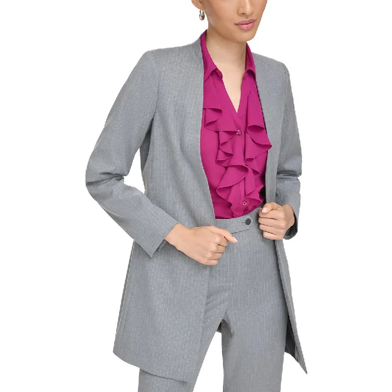 Petites Womens Pinstripe Suit Separate Open-Front Blazer