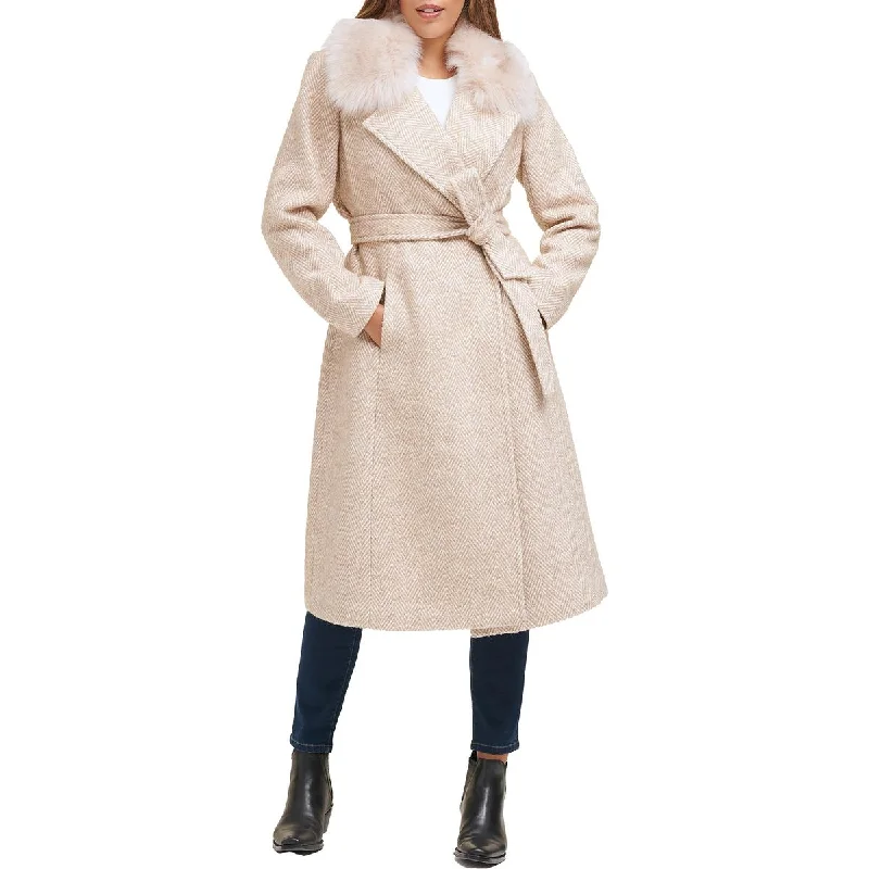 Womens Wool Blend Faux Fur Collar Wool Coat