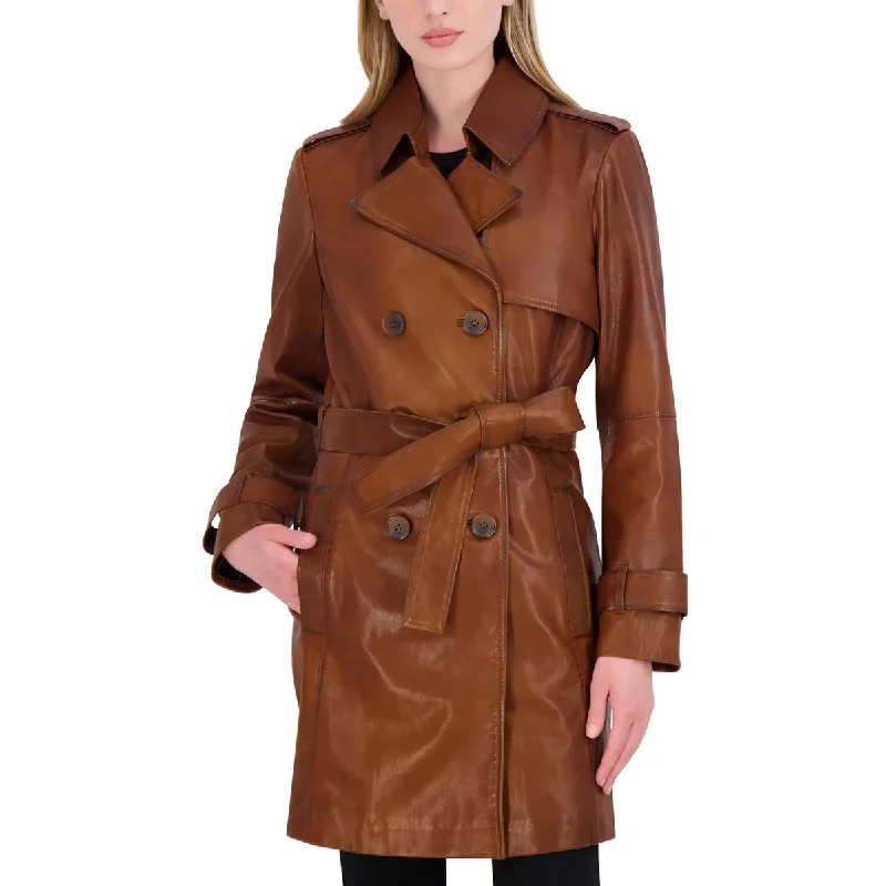 Petites Womens Collared Long Leather Jacket