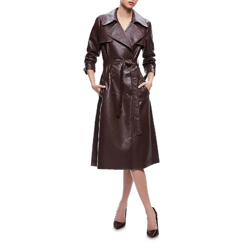 Elicia Womens Vegan Leather Double-Breasted Trench Coat