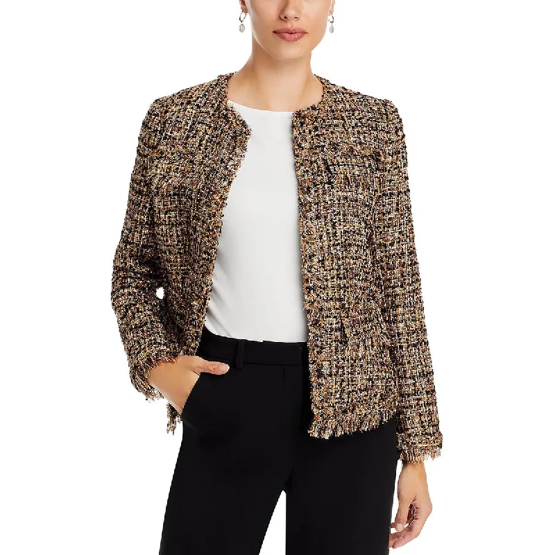 Womens Tweed Metallic Collarless Blazer