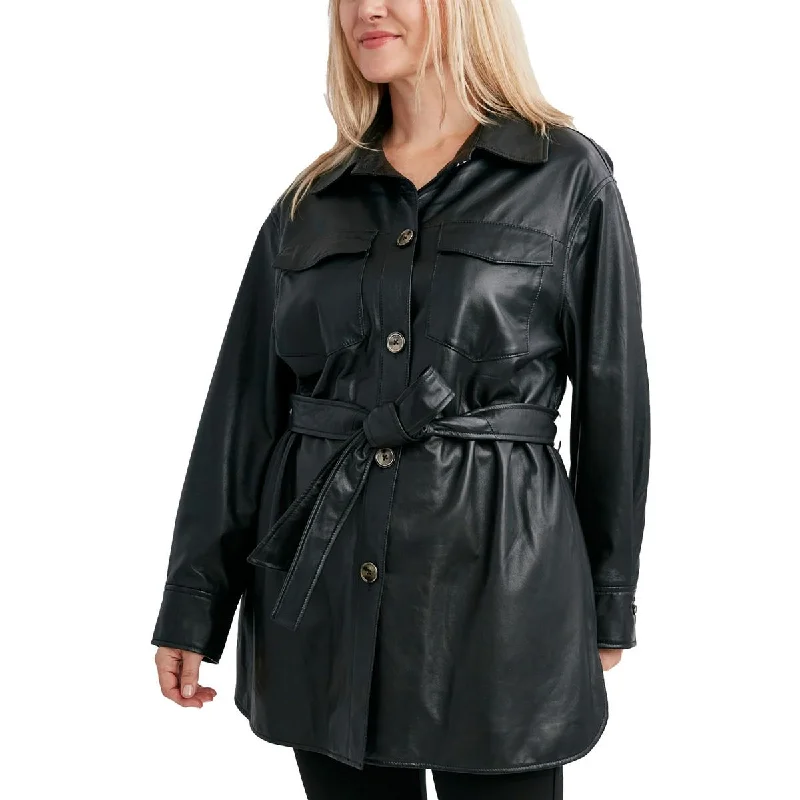 Plus Liv Womens Leather Belted Leather Jacket