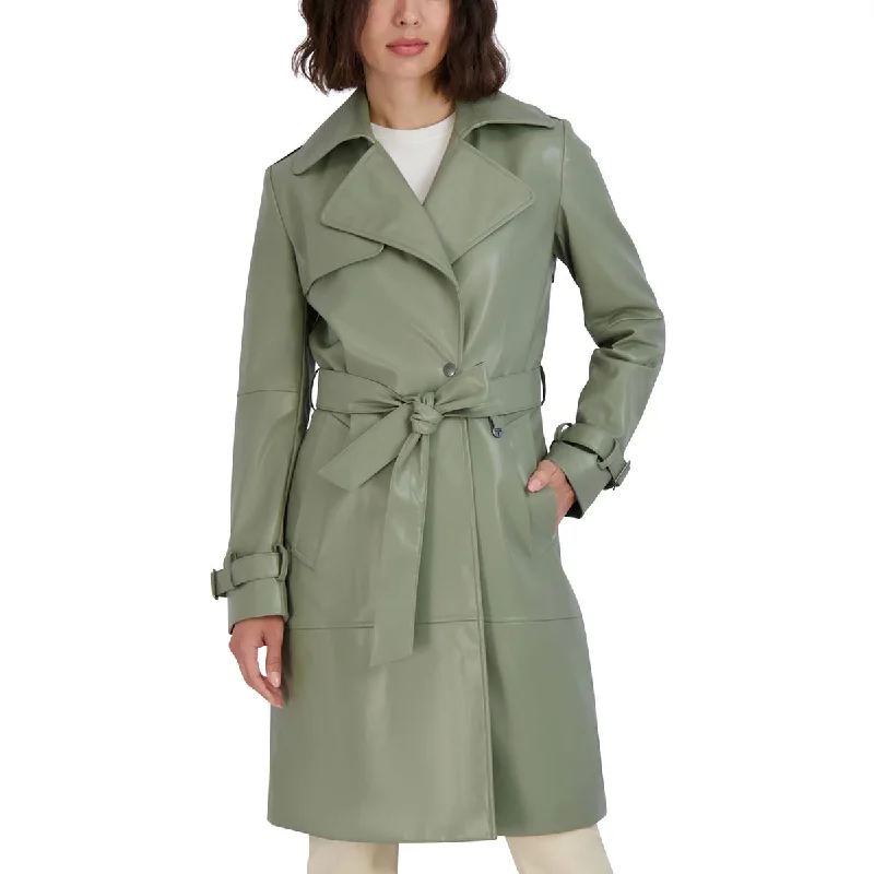 Womens Vegan Leather Belted Trench Coat