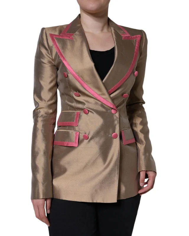 Dolce & Gabbana Metallic Double Breasted Silk Blazer with Peak Lapels and Flap Pockets