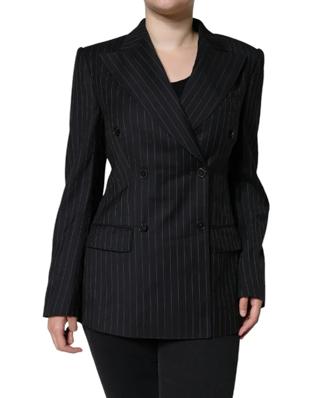 Dolce & Gabbana Striped Double Breasted Wool Coat with Peak Lapels