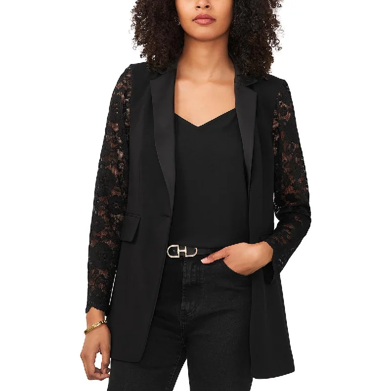 Womens Mixed Media Lace Sleeve One-Button Blazer