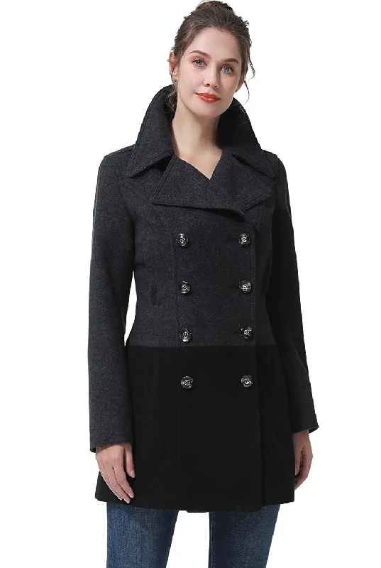 BGSD Women Gem Color Block Wool Pea Coat