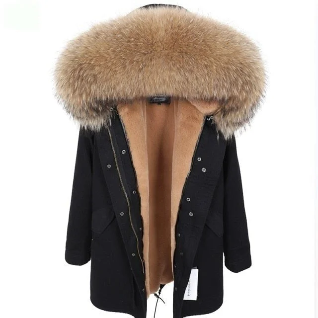 Black Color Women's Real Fur Winter Coat Jacket with Fur Collar