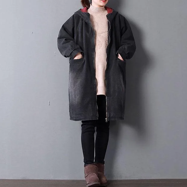 black denim parkas Loose fitting hooded Elegant pockets zippered winter coats