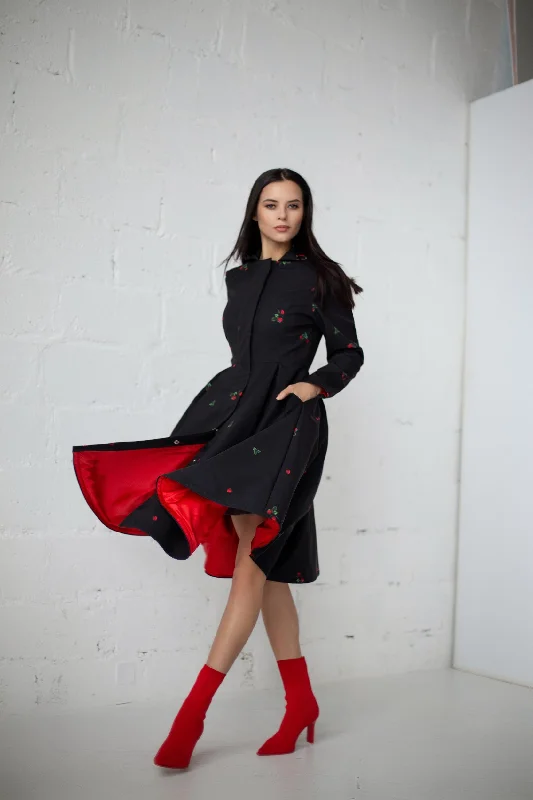 Black Fitted Coat with Pleated Skirt and Strawberry Print | 'Wild Strawberry'