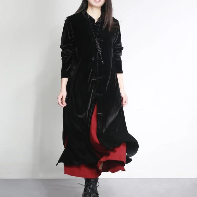 black new winter corduroy vintage trench coats solid casual Chinese Button long coat