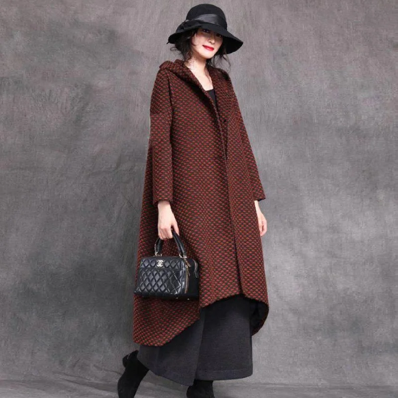 Black Plaid Woolen Coats Oversized Long Hooded Patchwork Coats