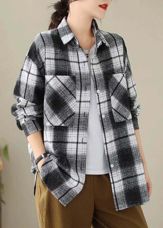 Black Pockets Plaid Casual Cotton Shirts Coat Peter Pan Collar Fall