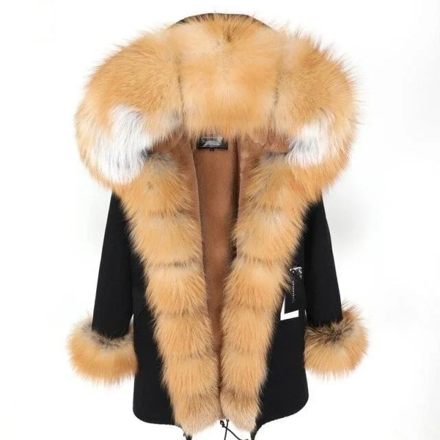 Black Women's Fox Fur Leather Hooded Long Detachable Coats & Jackets