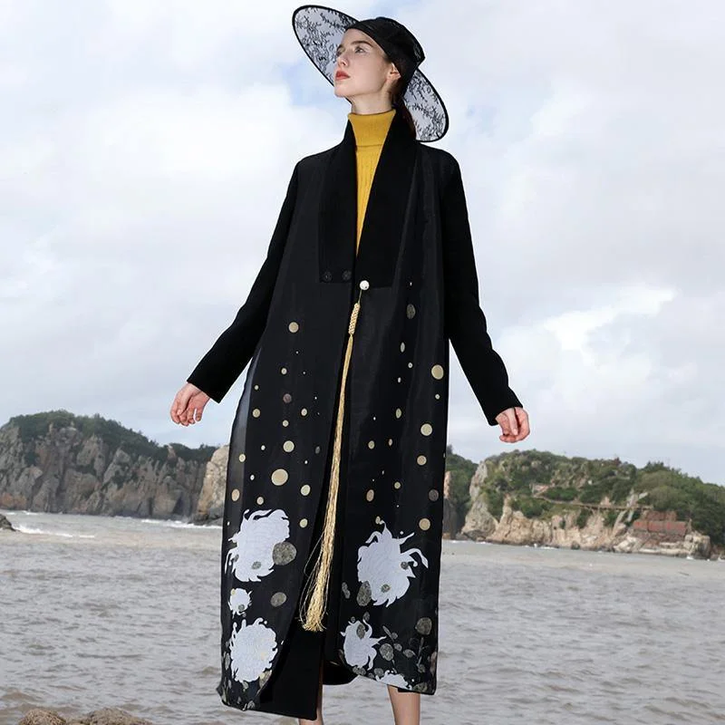 boutique black wool coat oversized maxi coat V neck side open jacket embroider long coats