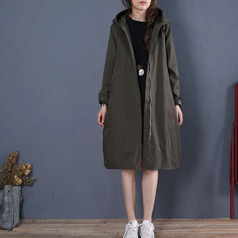 boutique gray green coat oversized mid-length coats fall hooded zippered