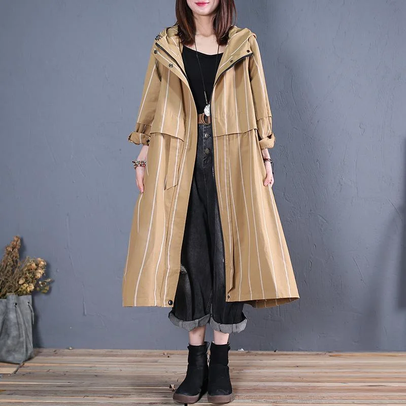 boutique khaki striped overcoat casual Coats fall hooded zippered