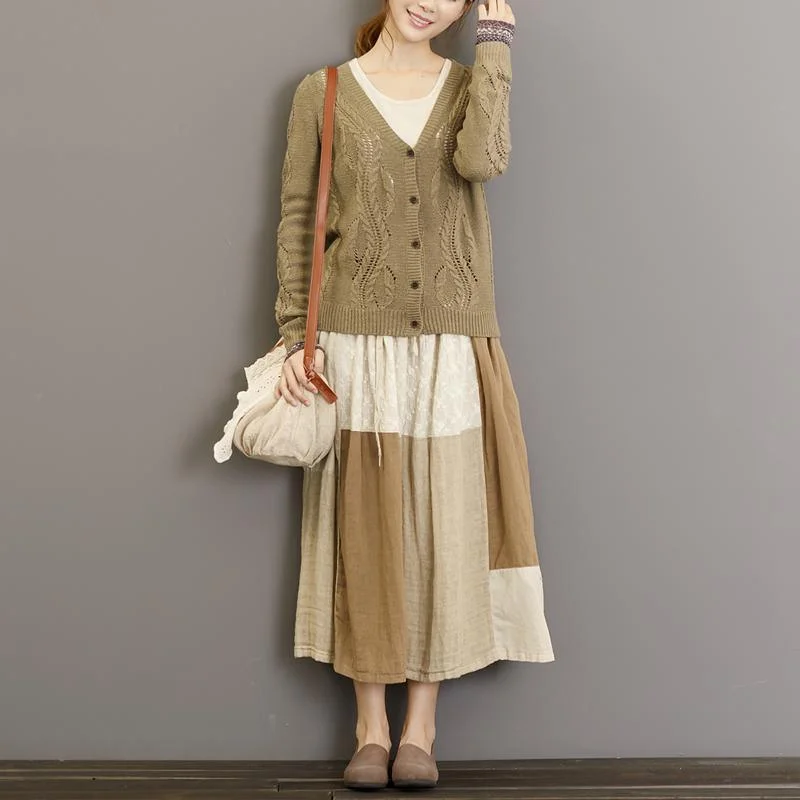 Camel V neck hook sweaters top knit jacket