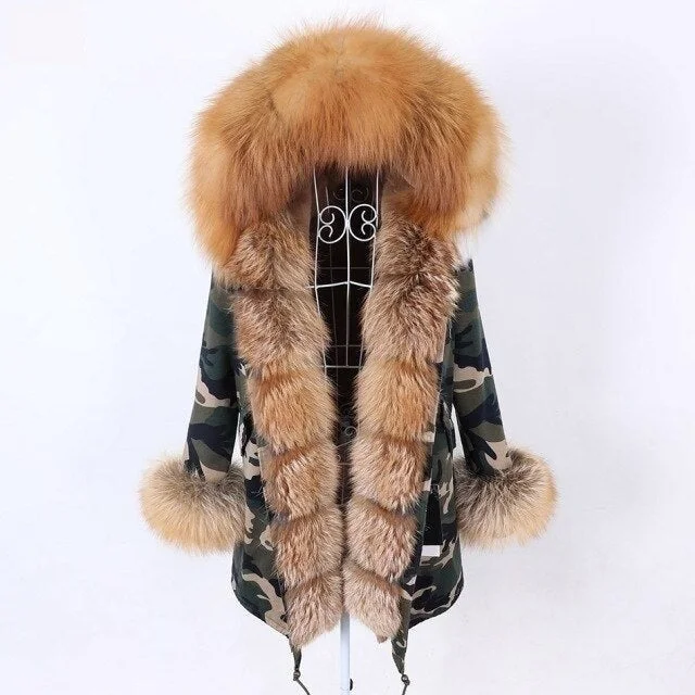 Camo Pattern Natural Fur Collar Hooded Long-Sleeved Winter Jacket for Women